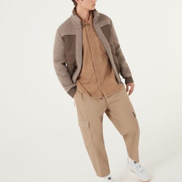 Wool cloth bomber jacket with nylon inserts