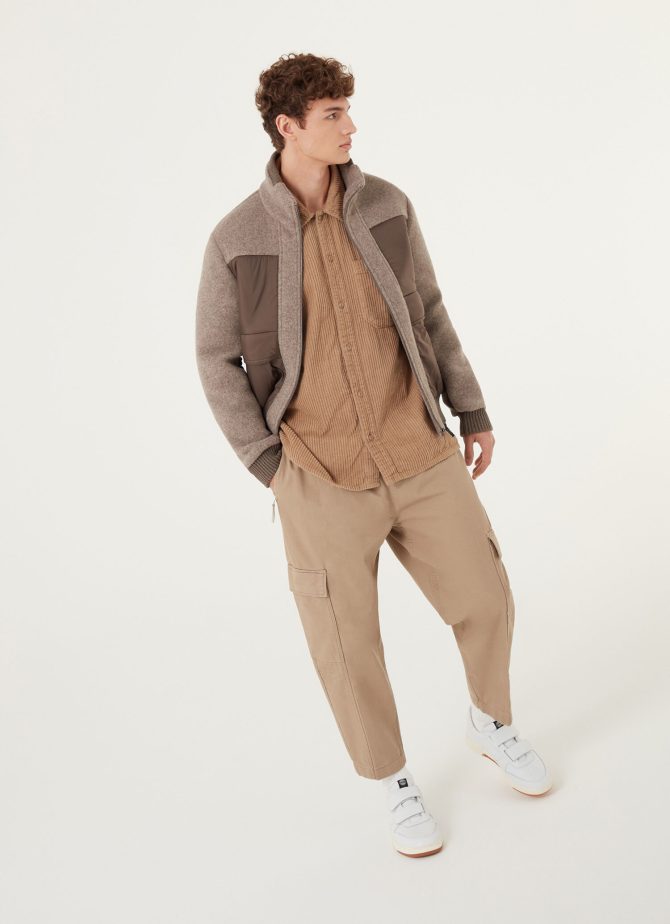 Wool cloth bomber jacket with nylon inserts