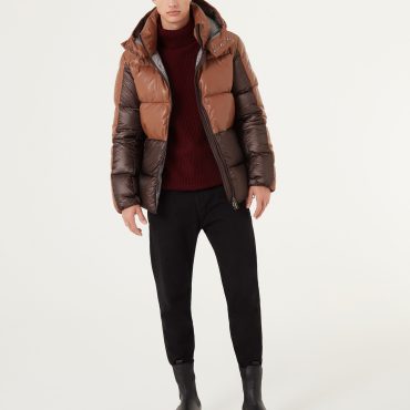 Down jacket with detachable hood in eco-leather