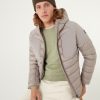 Down jacket with fixed hood in double fabric