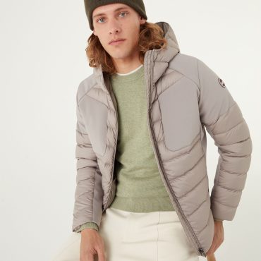 Down jacket with fixed hood in double fabric