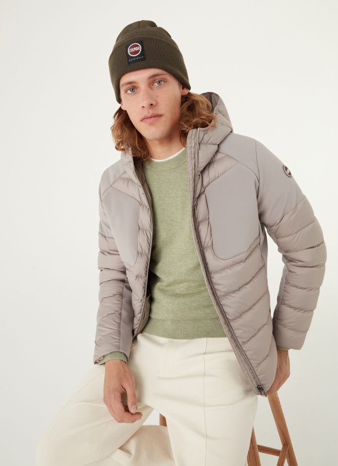 Down jacket with fixed hood in double fabric