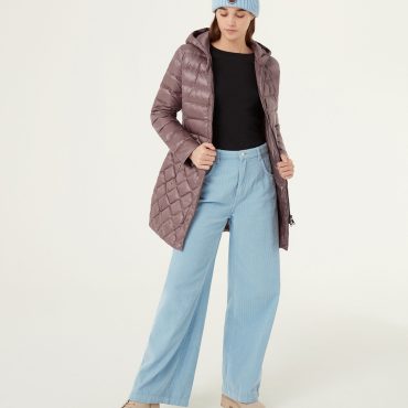 Iridescent diamond-patterned coat with buttons