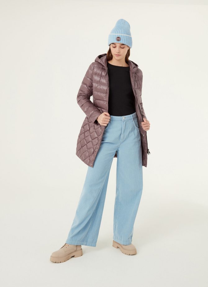 Iridescent diamond-patterned coat with buttons