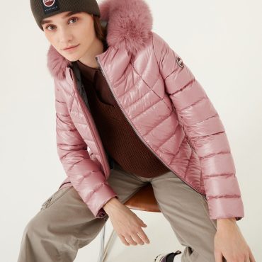 Medium-length iridescent down jacket in real fur