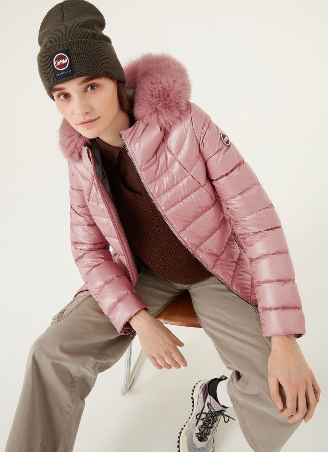 Medium-length iridescent down jacket in real fur