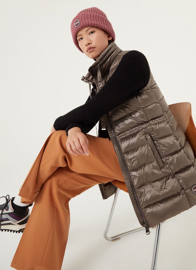 Maxi down vest with drawstring