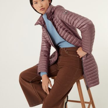 Long autumn down jacket with detachable hood