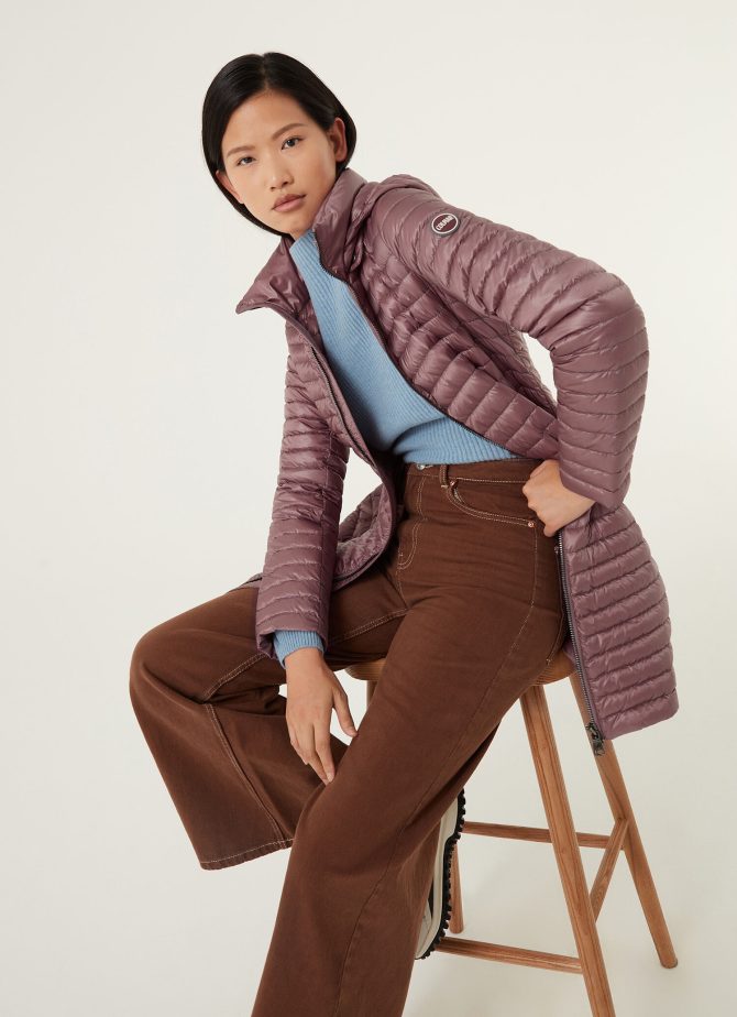 Long autumn down jacket with detachable hood