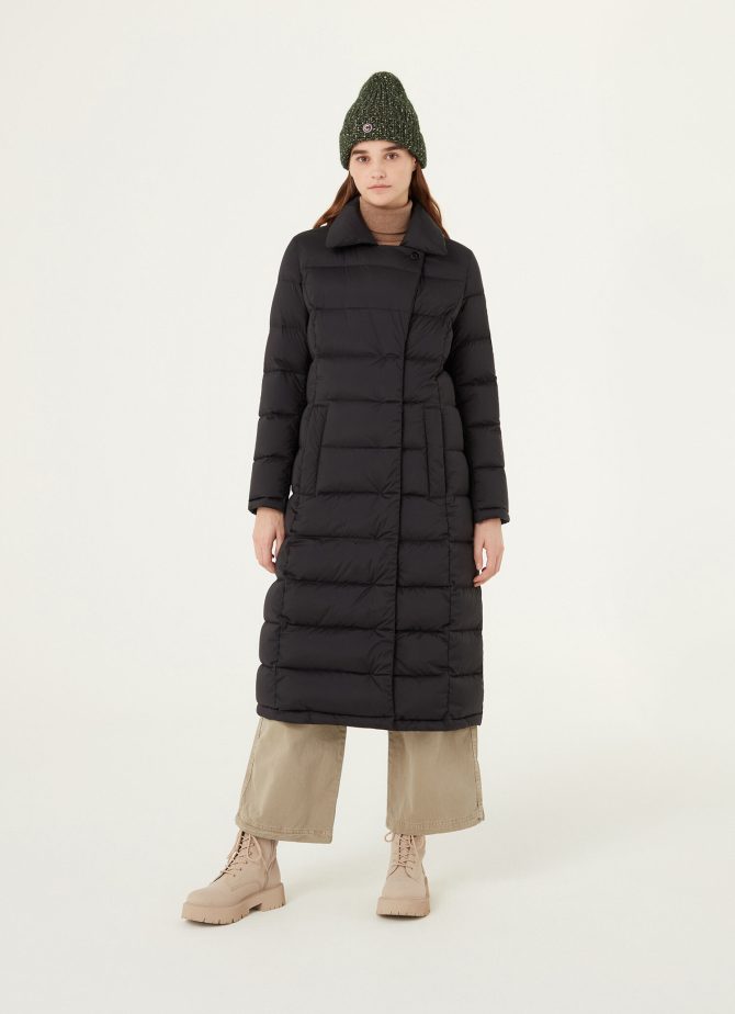 Long, stretch down jacket with lapel collar
