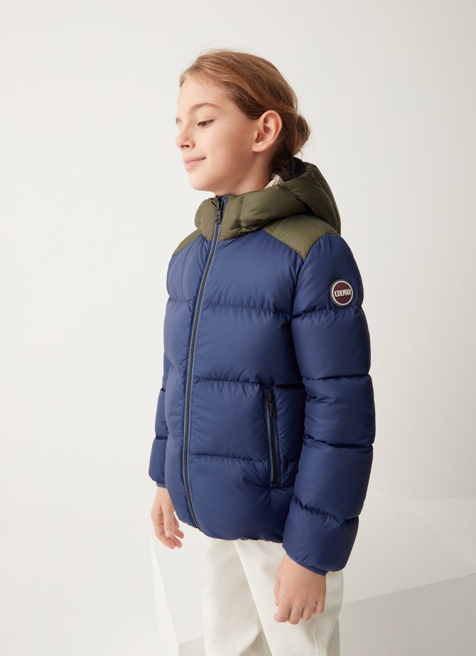 Down jacket with contrasting shoulders and hood