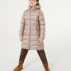 Long, shiny down jacket with fixed hood