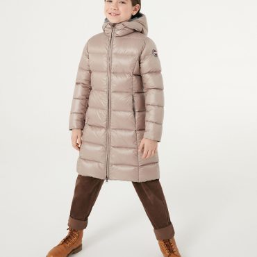 Long, shiny down jacket with fixed hood
