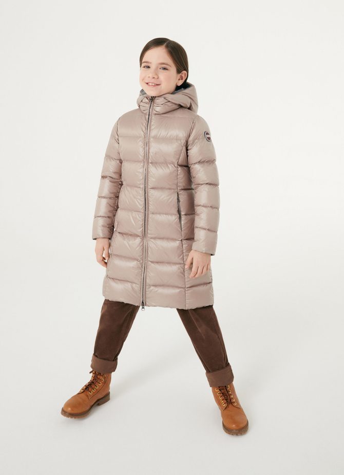 Long, shiny down jacket with fixed hood