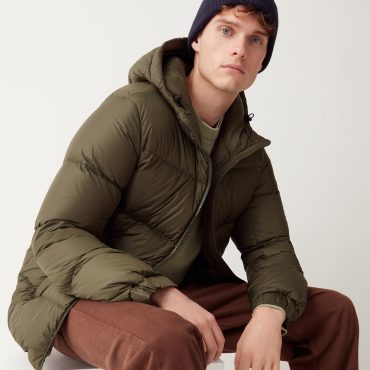 Oversized-fit down jacket with fixed hood
