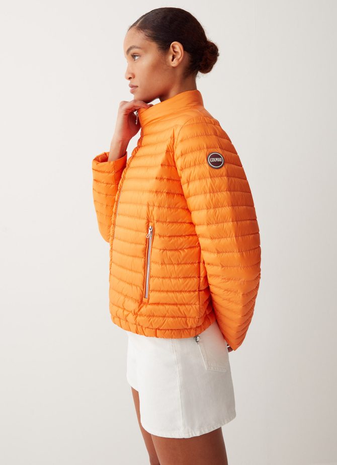 Down jacket with drawstring at the bottom