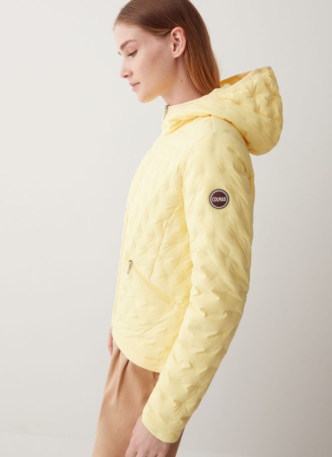 Down jacket with drawstring at the bottom