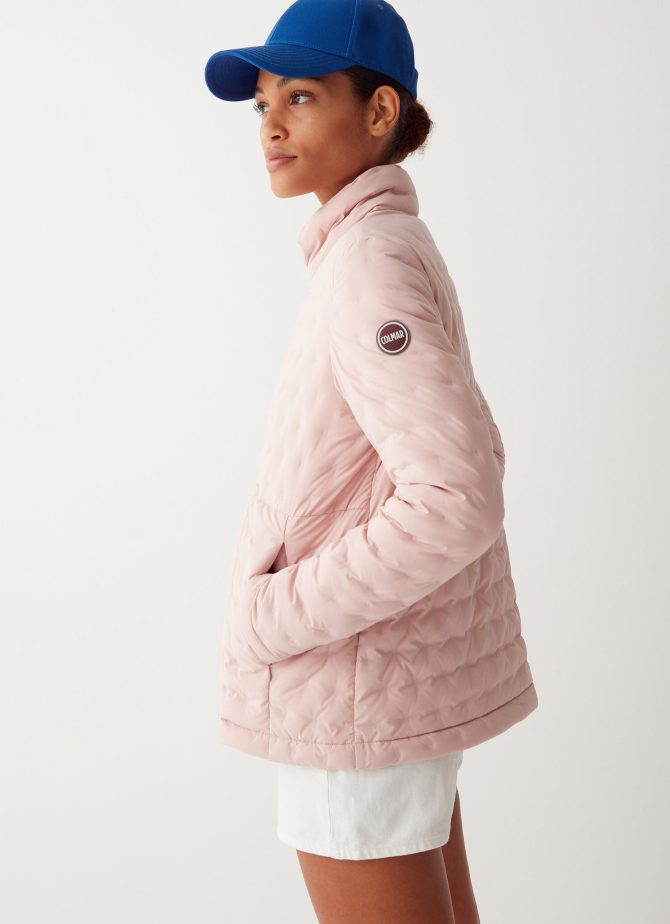 Down jacket with stamp quilting and seam at the waist