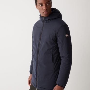 Long insulated jacket in stretch fabric
