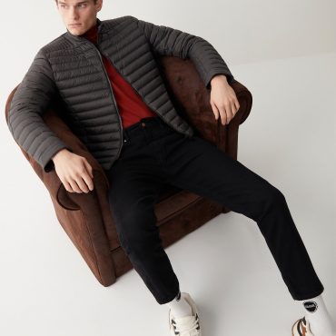 Autumn biker down jacket with drawstring at the bottom