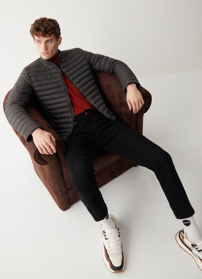 Autumn biker down jacket with drawstring at the bottom