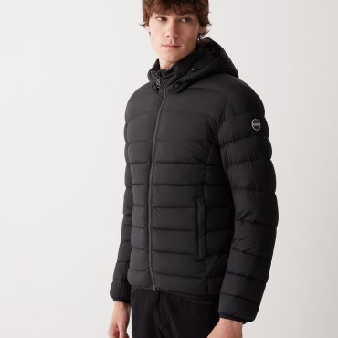 Opaque stretch down jacket with detachable hood