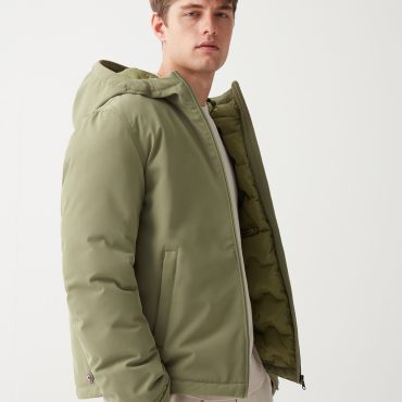 Wool-effect down jacket with fixed hood