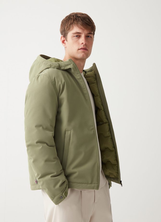 Wool-effect down jacket with fixed hood
