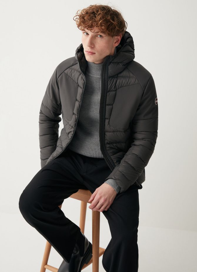 Down jacket with fixed hood in double fabric
