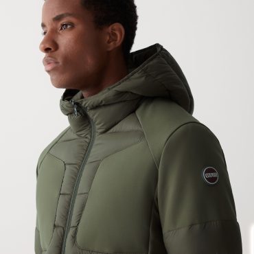 Down jacket with fixed hood in double fabric