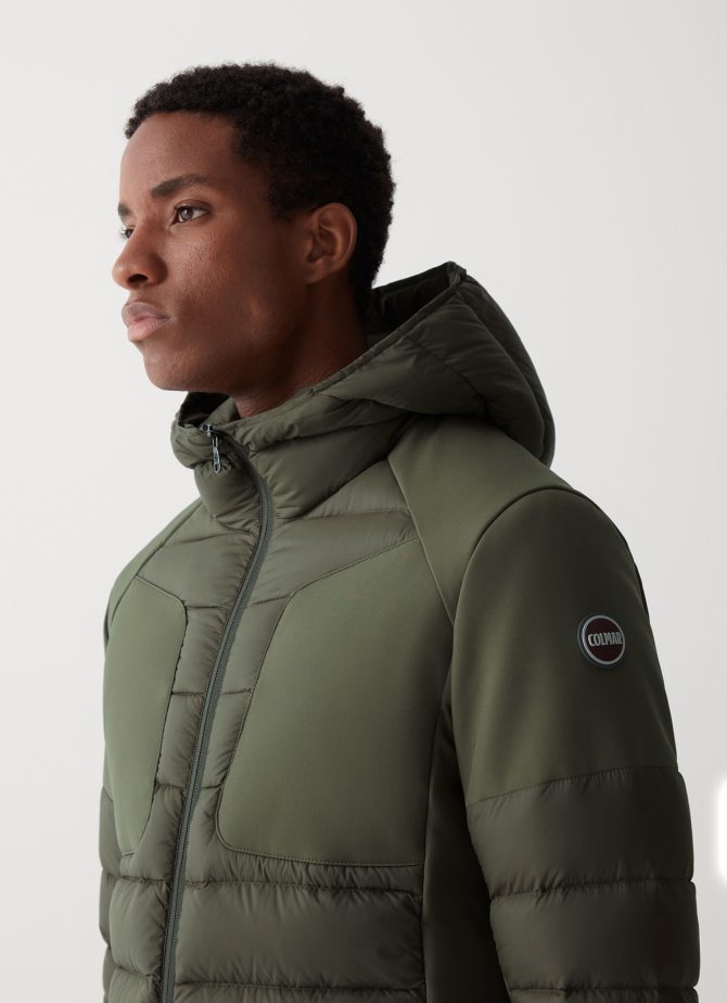 Down jacket with fixed hood in double fabric
