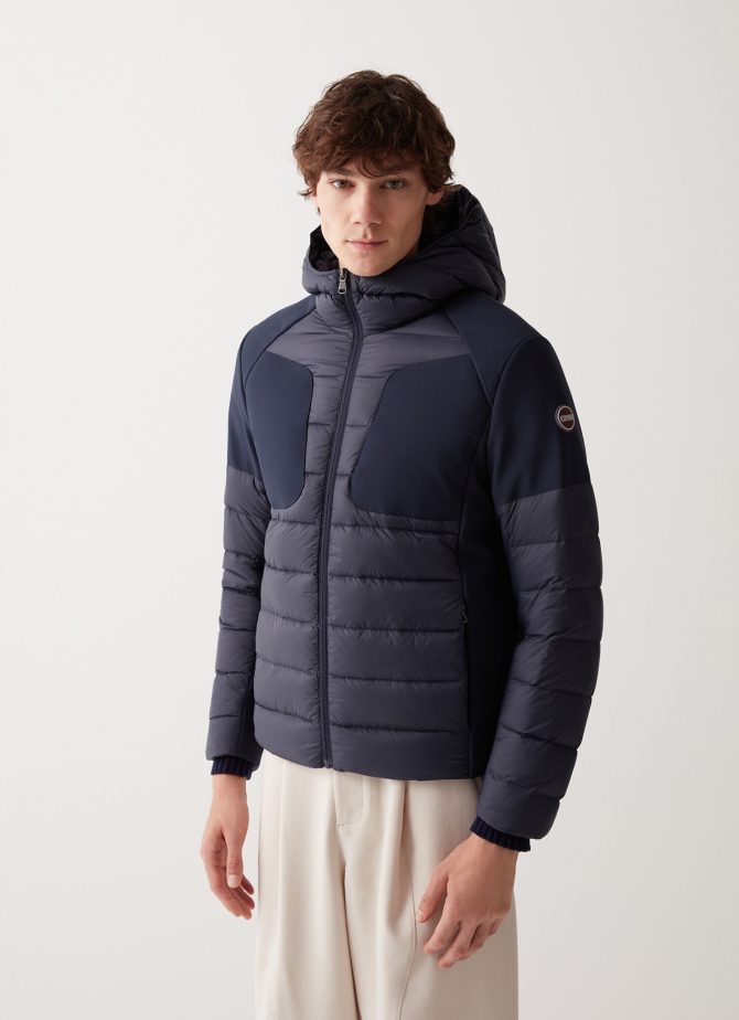 Down jacket with fixed hood in double fabric