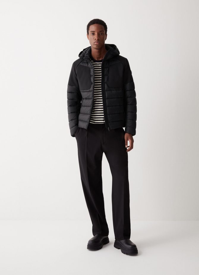 Down jacket with fixed hood in double fabric