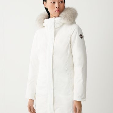 Long jacket with hood and fur trim