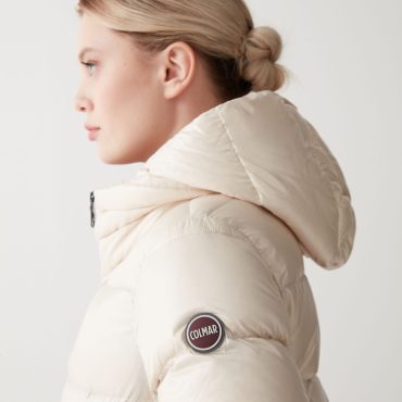 Iridescent down jacket with hood and maxi collar