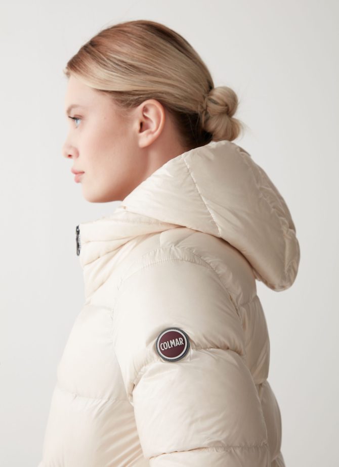 Iridescent down jacket with hood and maxi collar