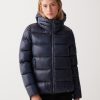 Iridescent down jacket with hood and maxi collar