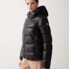 Iridescent down jacket with hood and maxi collar