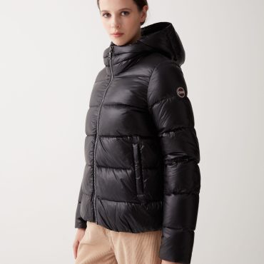 Iridescent down jacket with hood and maxi collar