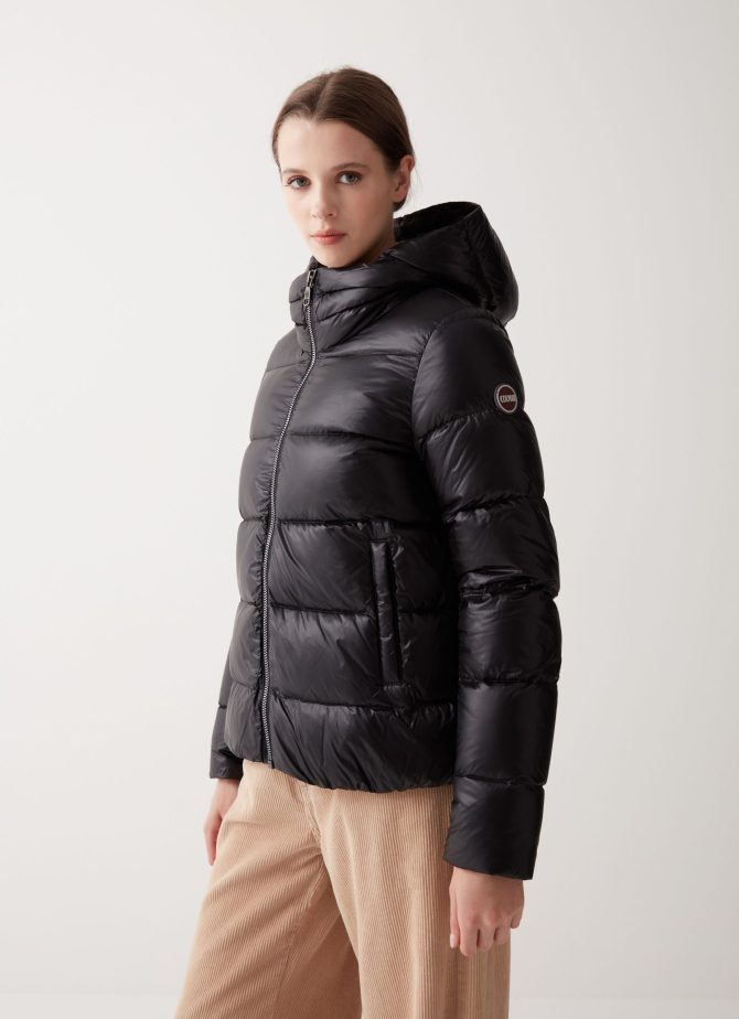 Iridescent down jacket with hood and maxi collar