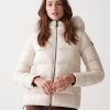 Iridescent down jacket with real fur hood
