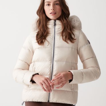 Iridescent down jacket with real fur hood