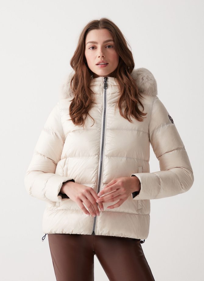 Iridescent down jacket with real fur hood