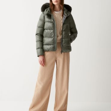 Iridescent down jacket with real fur hood