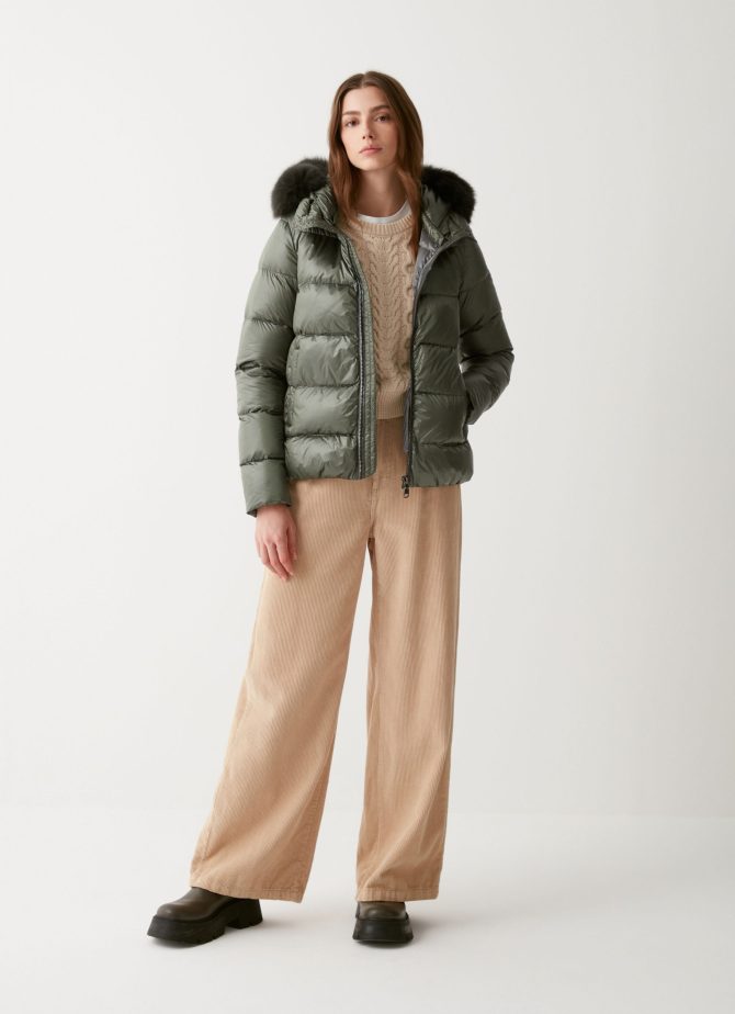 Iridescent down jacket with real fur hood