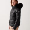 Iridescent down jacket with real fur hood