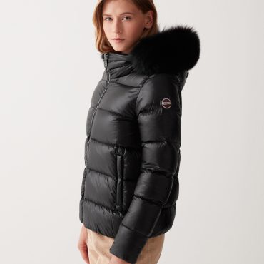 Iridescent down jacket with real fur hood