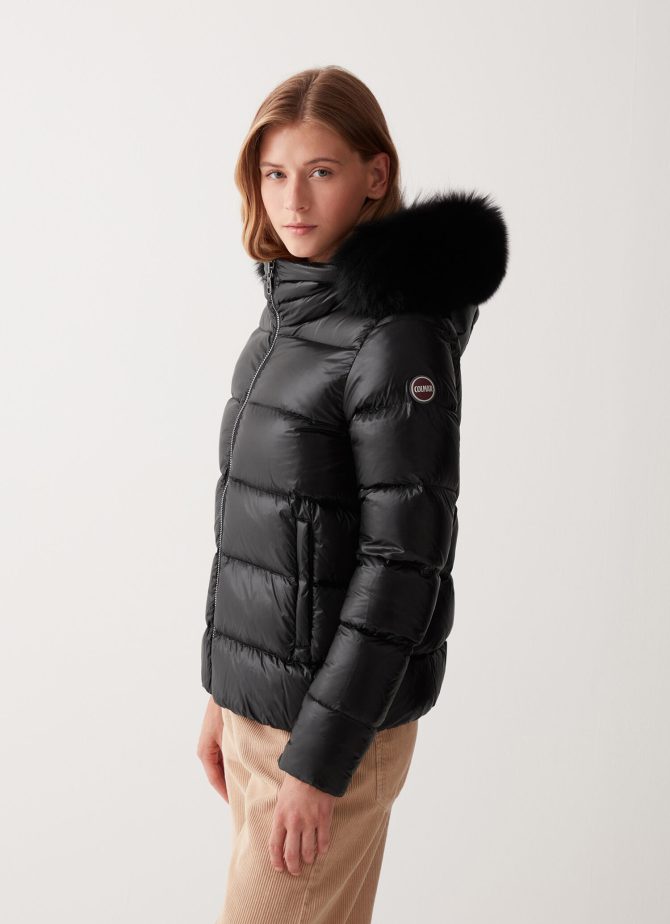 Iridescent down jacket with real fur hood