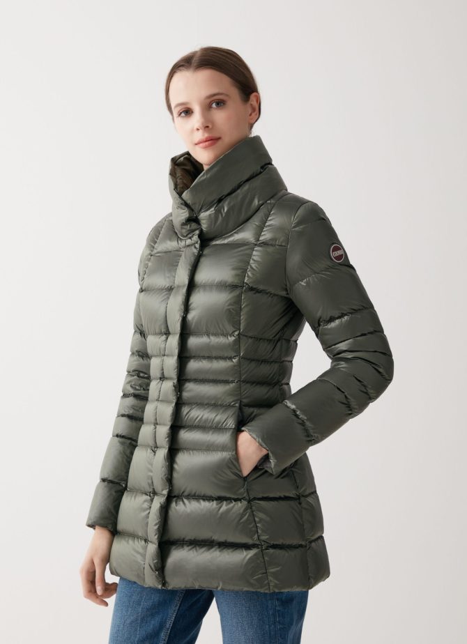 Iridescent down jacket with side opening