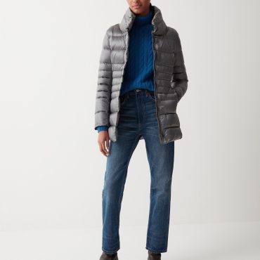 Iridescent down jacket with side opening